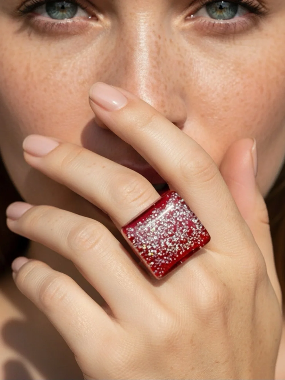 Red Glitter Square Acrylic Statement Ring Adjustable